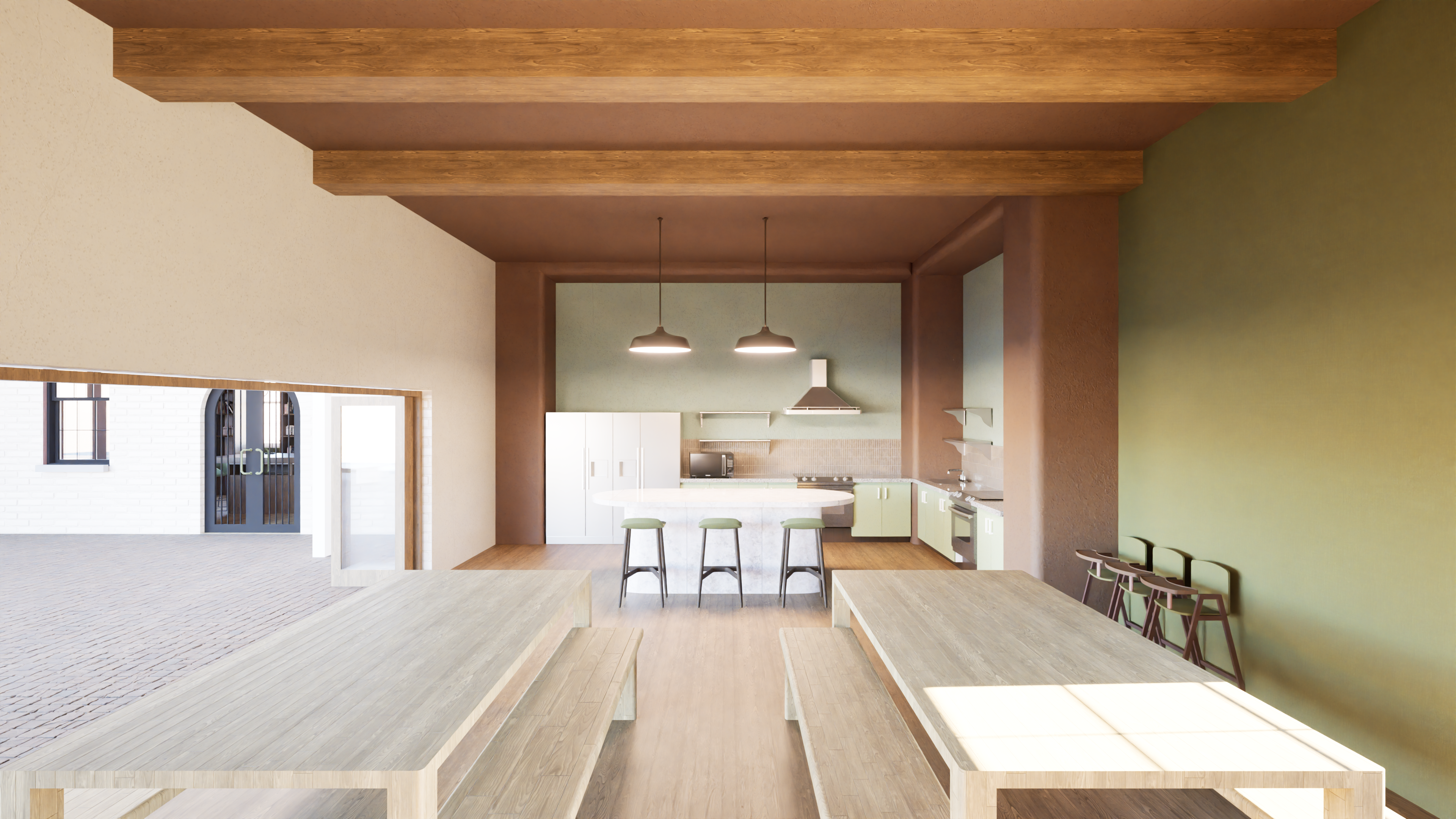 Communal living space render with partition walls